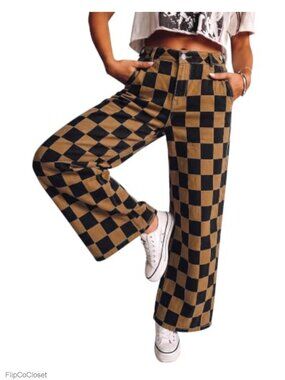 High Rise Cinch-Waist Stretchy Wide Leg Checkered Jeans